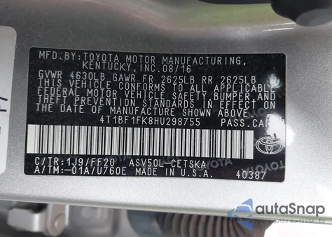 2017 Toyota Camry Se из США, поврежденный, VIN 4T1BF1FK8HU298755